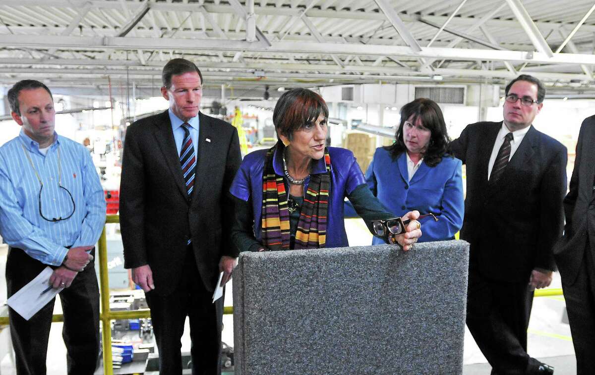 (Peter Casolino-New Haven Register) Congresswoman Rosa DeLauro speaks at Stelray Plastics (Ansonia) to discuss proposed legislation to prevent companies from discriminating against unemployed long-time job seekers. Behind her, left to right are; Larry Saffran, owner of Stelray Plastics, Senator Richard Blumenthal, Maureen Quinlin and James DeCarli, both job seekers. 3/19/14