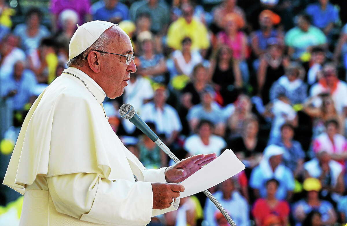Pope Francis delivers his speech in front of Isernia’s cathedral, southern Italy on July 5, 2014.