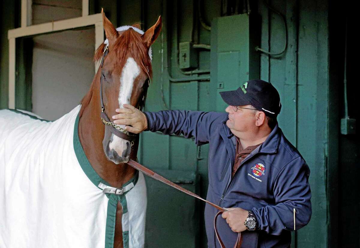 Assistant trainer Alan Sherman rubs Kentucky Derby and Preakness Stakes winner California Chrome’s nose.