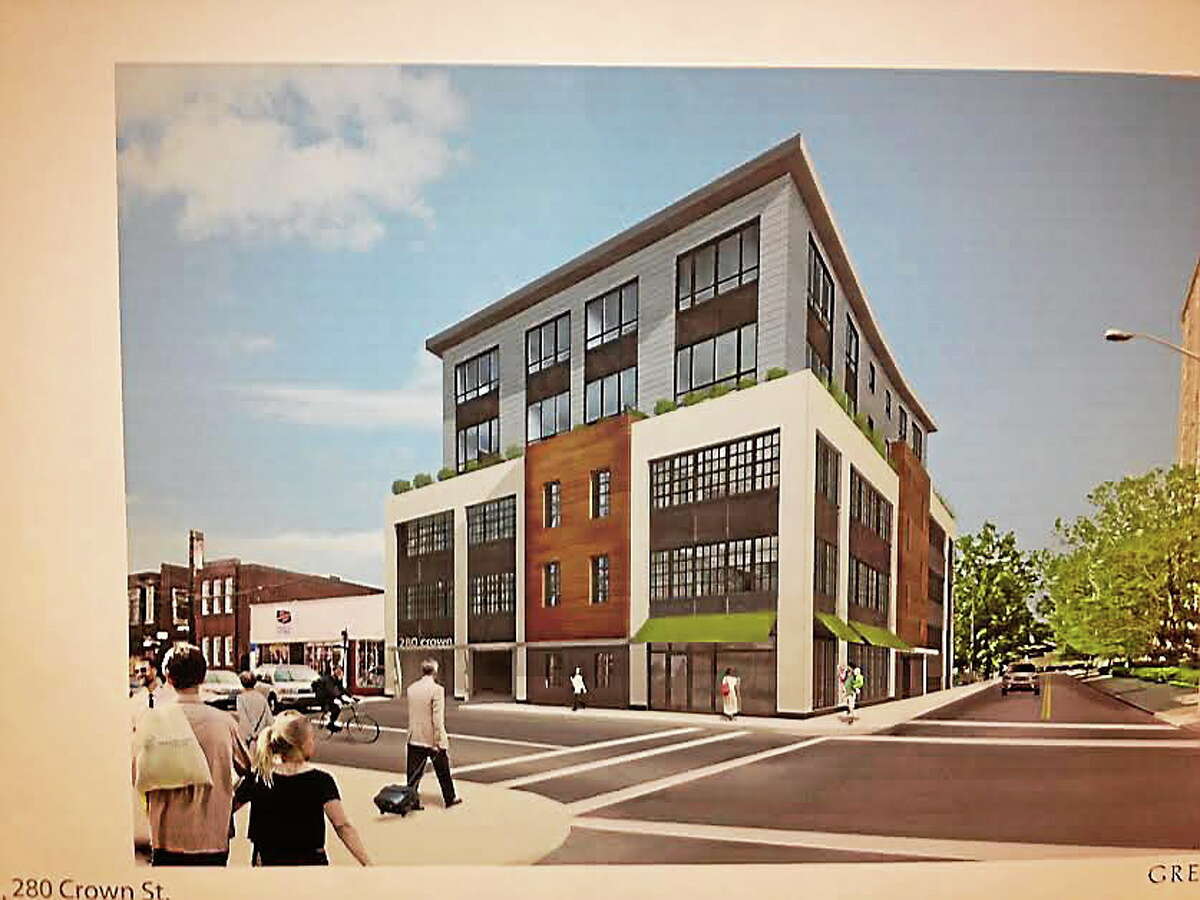 A rendering of what housing would look like at Crown and High streets in downtown New Haven at what now is a garage.