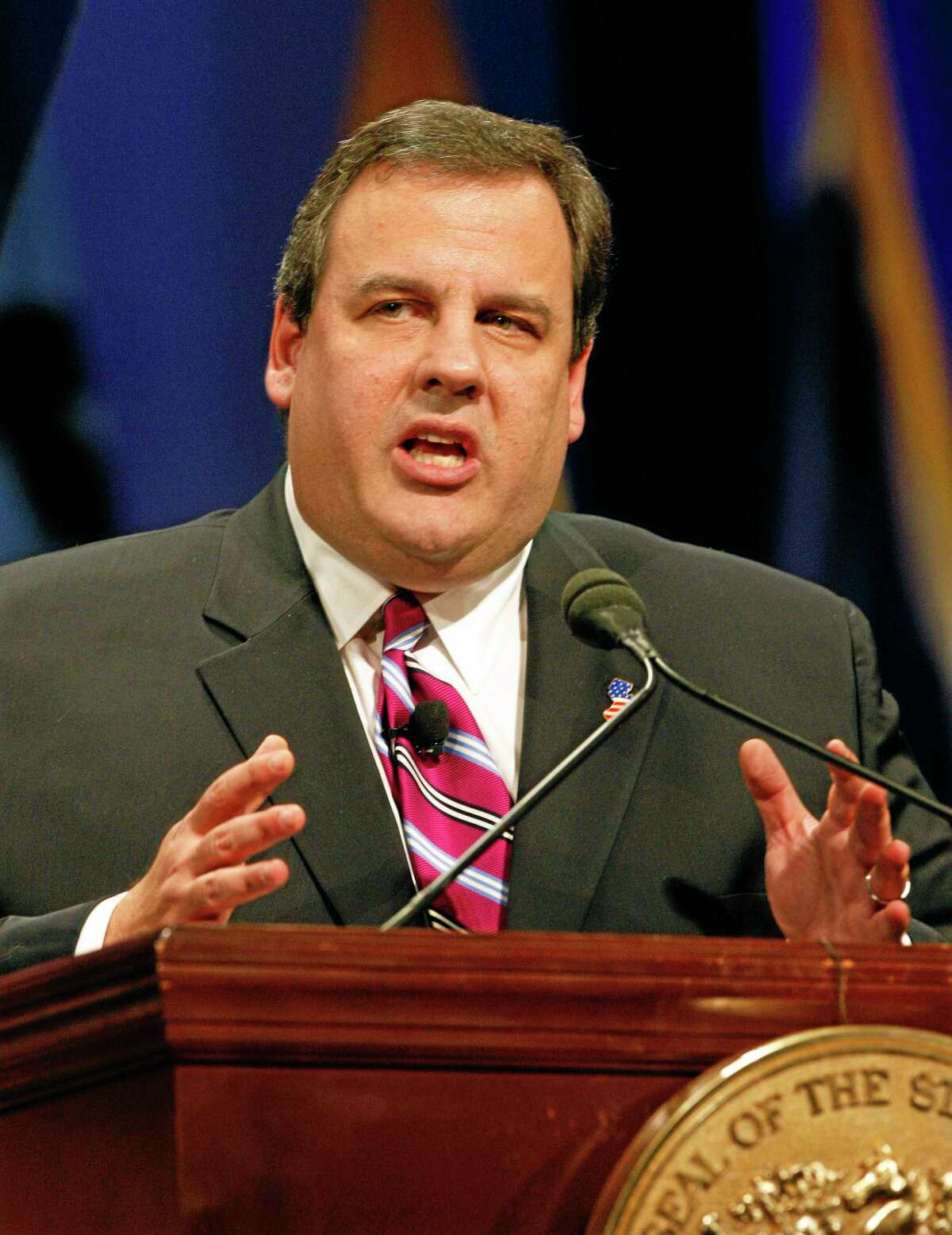 File- This Jan. 19, 2010, file photo shows New Jersey Gov. Chris Christie speaking during his inauguration ceremony, in Trenton, N.J. A day of celebration at the start of Gov. Christieís second term could be tempered by multiple investigations into traffic tie-ups that appear to have been ordered by his staff for political retribution. The governor is still holding all the customary events the Tuesday Jan. 21, 2014, inauguration. (AP Photo/Mel Evans, File)