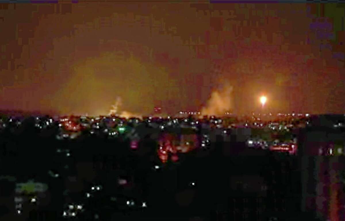 This image made from video shows the Gaza skyline during Israeli airstrikes Thursday, July 17, 2014. Israel launched a large-scale ground offensive in the Gaza Strip Thursday, escalating a 10-day military operation to try to destroy Hamas' weapons arsenal, rocket firing abilities and tunnels under the Palestinian territory's border with Israel.(AP Photo via AP video)