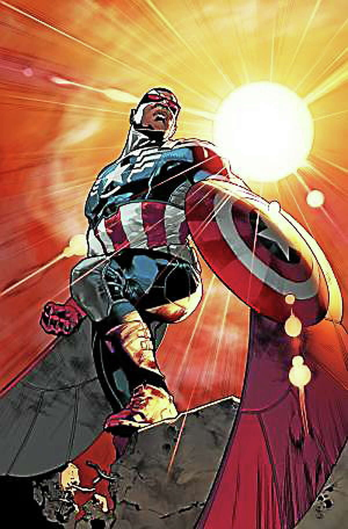 This photo released by Marvel shows superhero Sam “The Falcon” Wilson. Captain America will be an African-American. Marvel Comics’ chief creative officer Joe Quesada says superhero Sam “The Falcon” Wilson will take over as the patriotic Avenger in an upcoming installment of the long-running comic book series.
