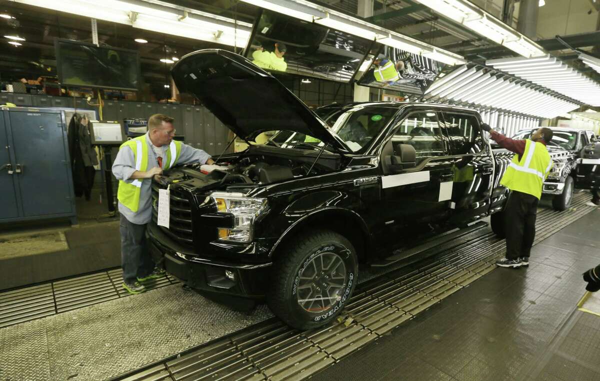 The new Ford F-150 truck is examined at the Rouge Truck Plant in Dearborn, Mich.