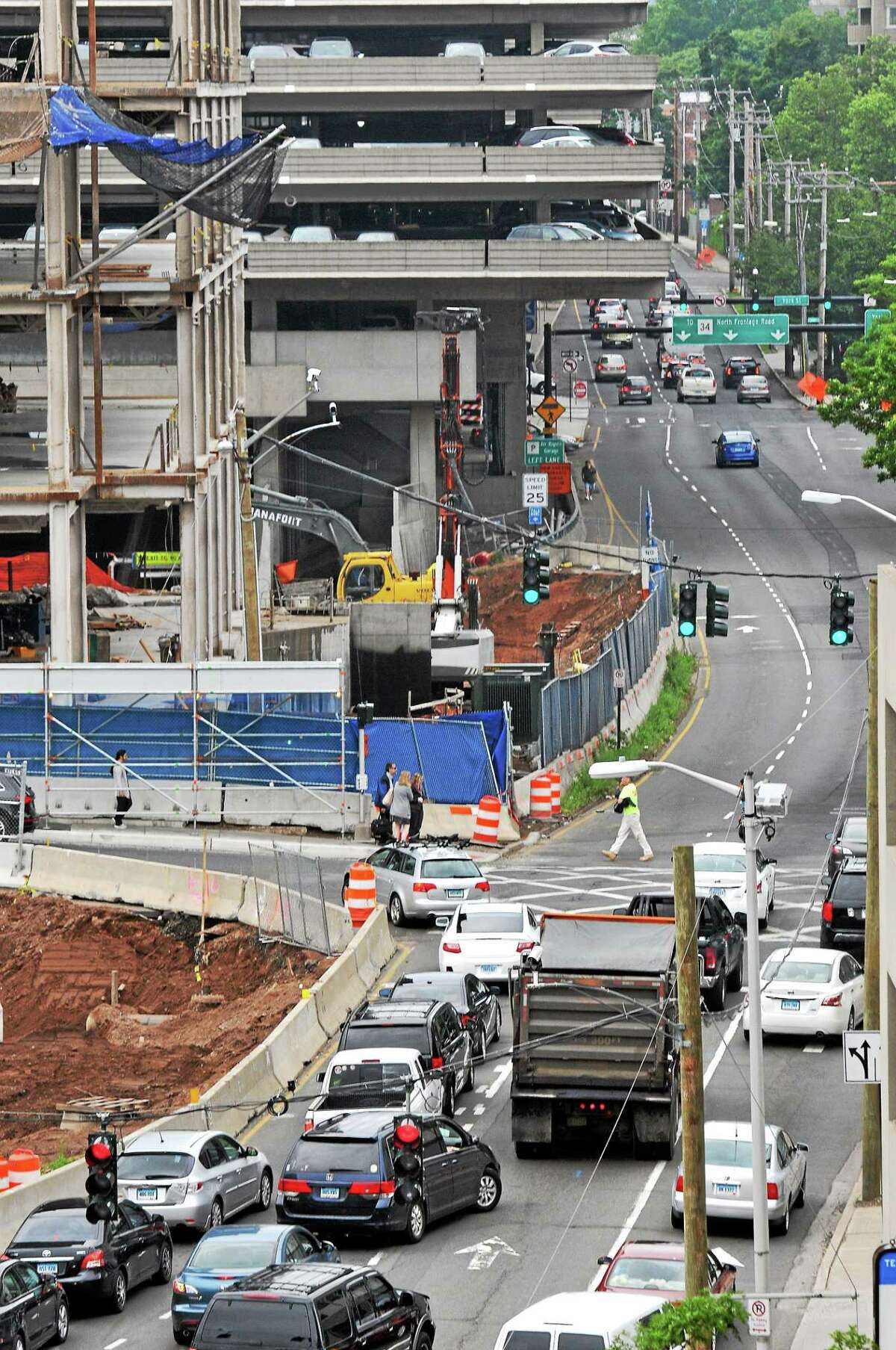 Traffic is jammed coming off Route 34 at Exit 2, left, onto Martin Luther King Boulevard into New Haven in early June.