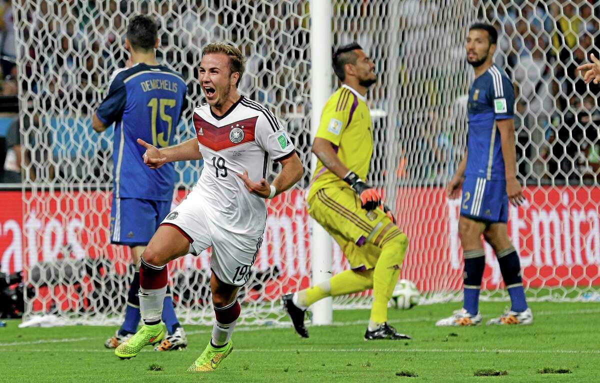 Germany’s Mario Goetze celebrates after scoring past Argentina’s goalkeeper Sergio Romero during the World Cup final on Sunday.