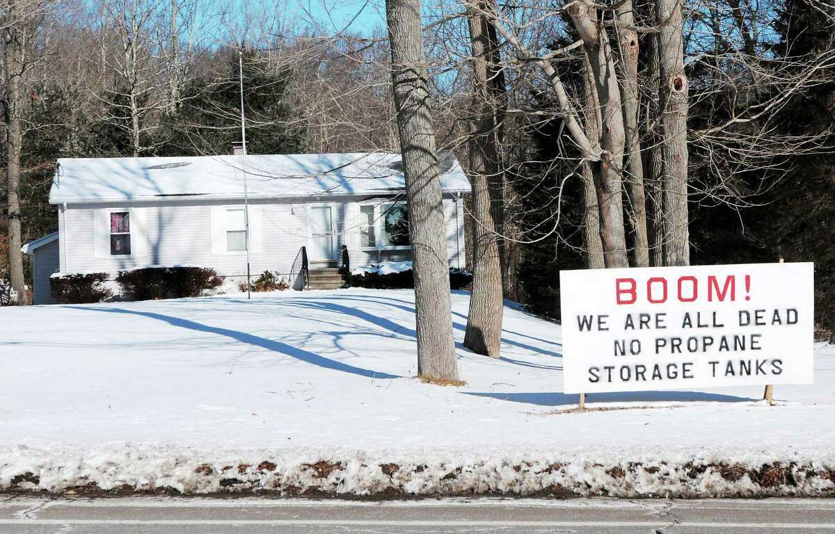(Photo by Peter Hvizdak ó New Haven Register) A sign at 2751 Boston Post Post Road in Guilford protesting the location of a proposed propane tank storage area near the corner of Route 1 Boston Post Road and Moose Hill Road Friday January 24, 2014.