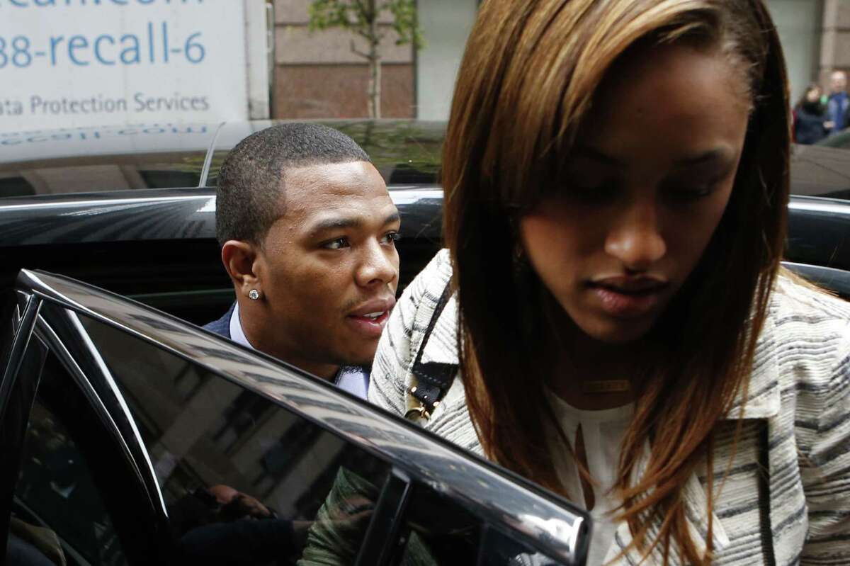 Ray Rice arrives with his wife, Janay Palmer, for an appeal hearing of his indefinite suspension from the NFL on Wednesday in New York.