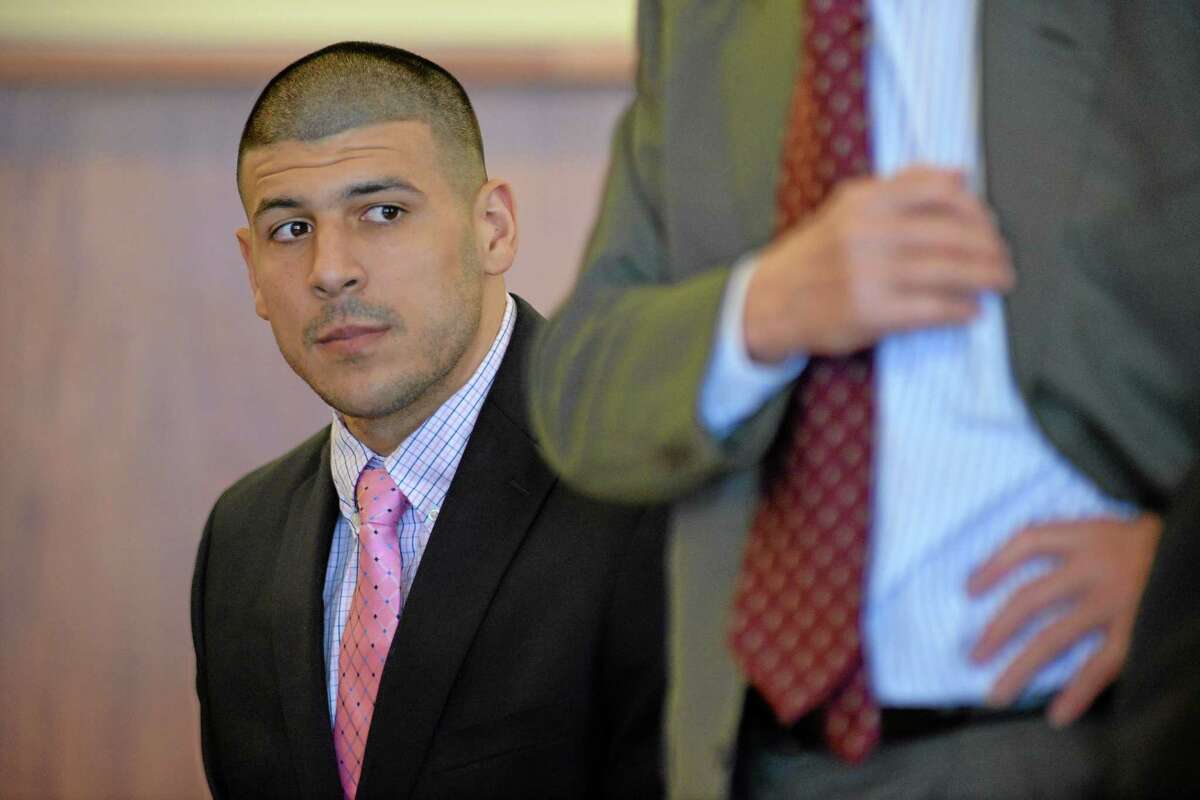 Aaron Hernandez looks on during proceedings in Fall River superior court Monday in Fall River, Mass.