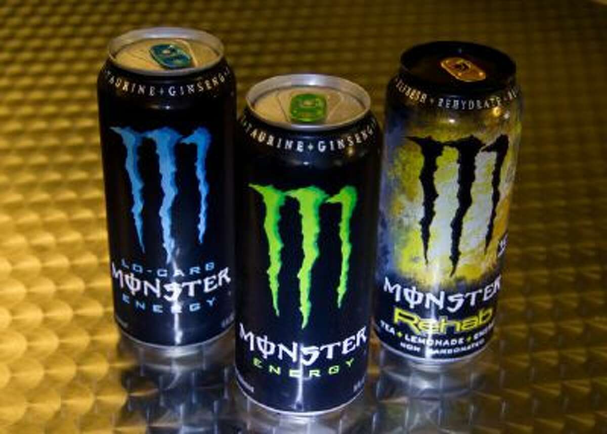 A variety of Monster Energy drinks.