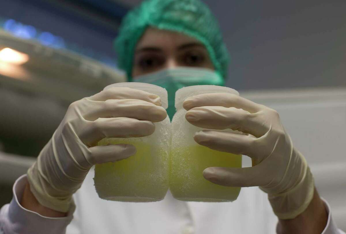 In this Aug. 27, 2014 photo, a lab technician shows a couple of containers of frozen donated human milk at the Fernandes Figueira Institute in Rio de Janeiro, Brazil. A group of American doctors are in Brazil to learn how the country’s extensive milk bank system works. With more than 200 such banks nationwide, where breast-feeding women can donate milk that is then pasteurized and used in neo-natal facilities, Brazil has cut down dramatically in infant mortality. Doctors in the U.S. are looking to duplicate Brazil’s success.