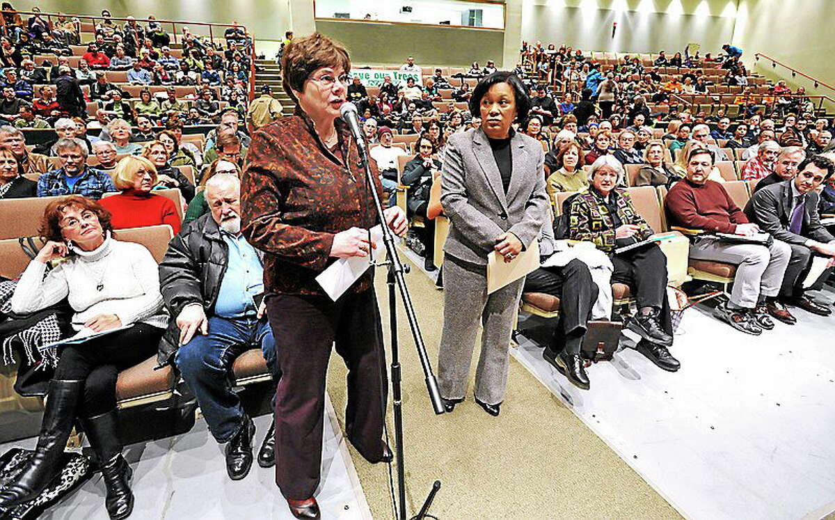(Mara Lavitt — New Haven Register) March 6, 2014 Hamden A public information meeting about tree trimming was held by the CT Public Utilities Regulatory Authority (PURA) at the Hamden Middle School. Residents and elected officials from greater New Haven attended. New Haven's Tree Warden and Deputy Director of Parks and Squares, Christy Hass, left, and New Haven Mayor Toni Harp spoke first. mlavitt@newhavenregister.com