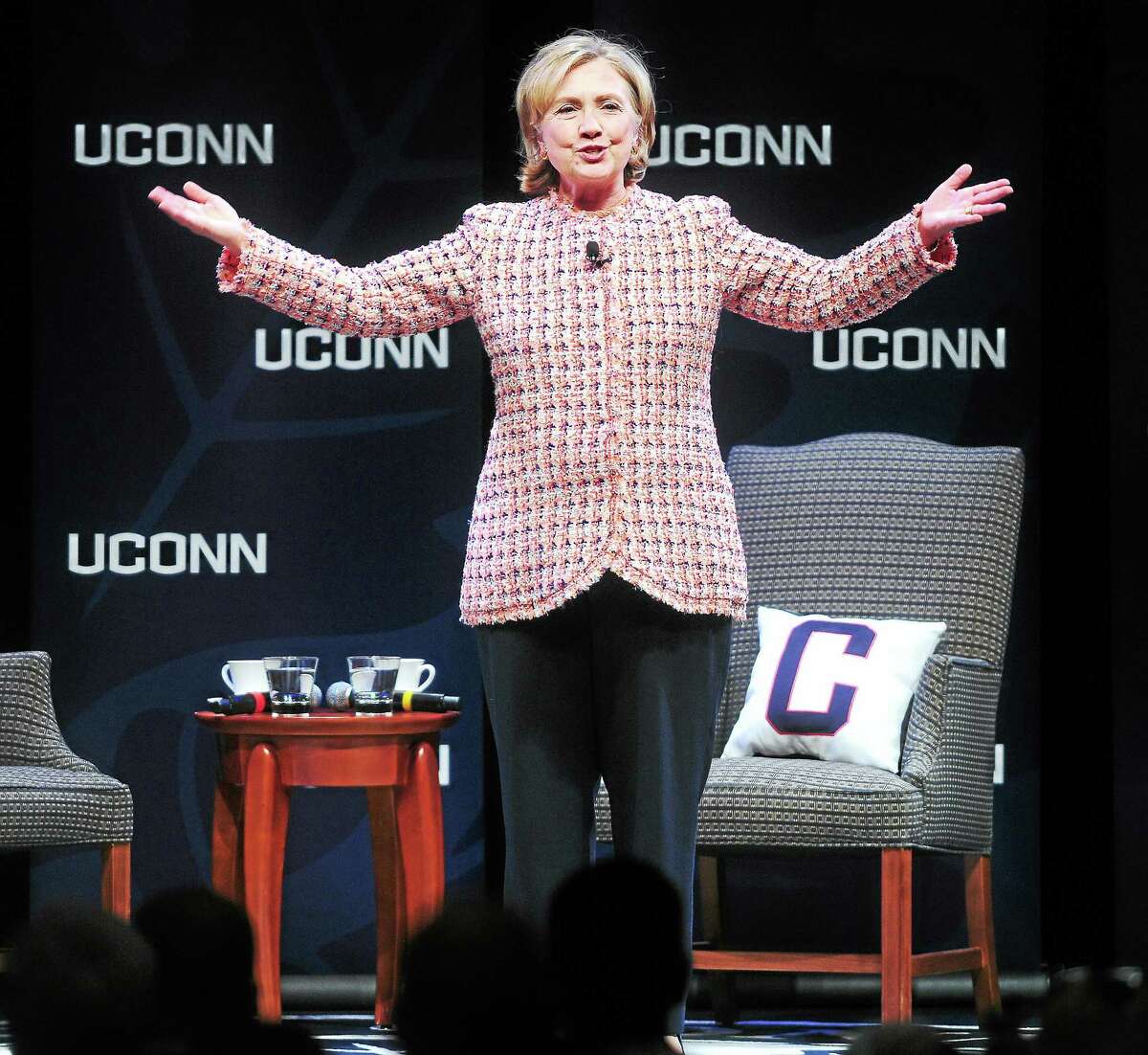 In this April 23, 2014 file photo, former Secretary of State Hillary Clinton speaks at the Edmund Fusco Contemporary Issues Forum at the University of Connecticut