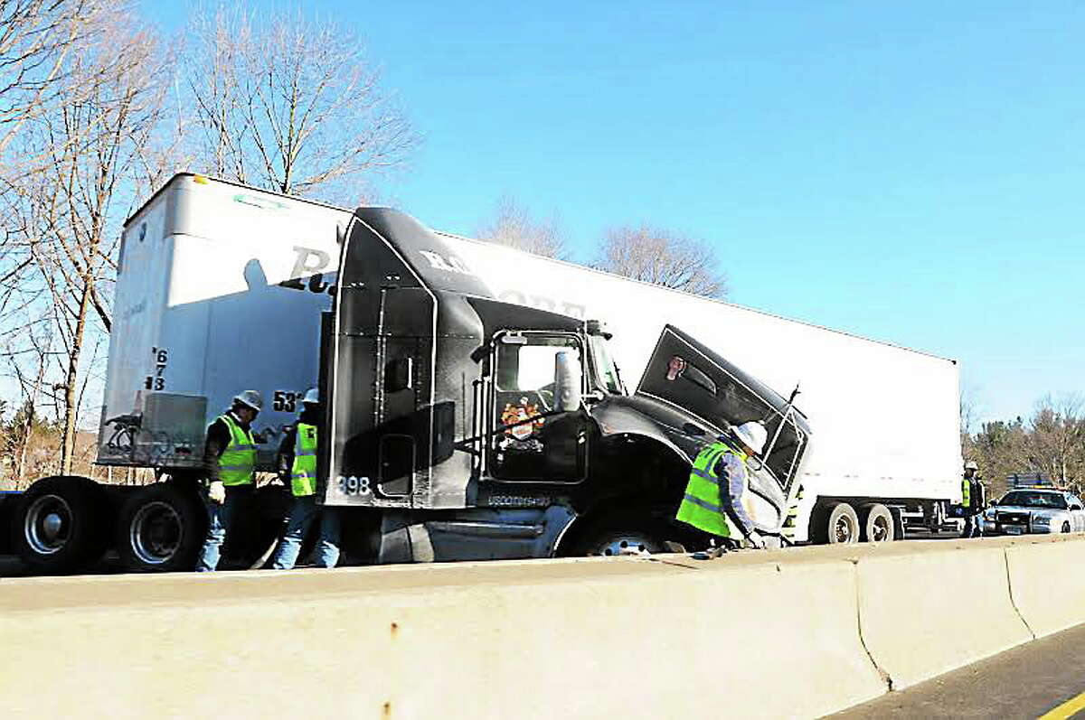 Jackknifed tractor-trailer truck on Route 8 in Ansonia.