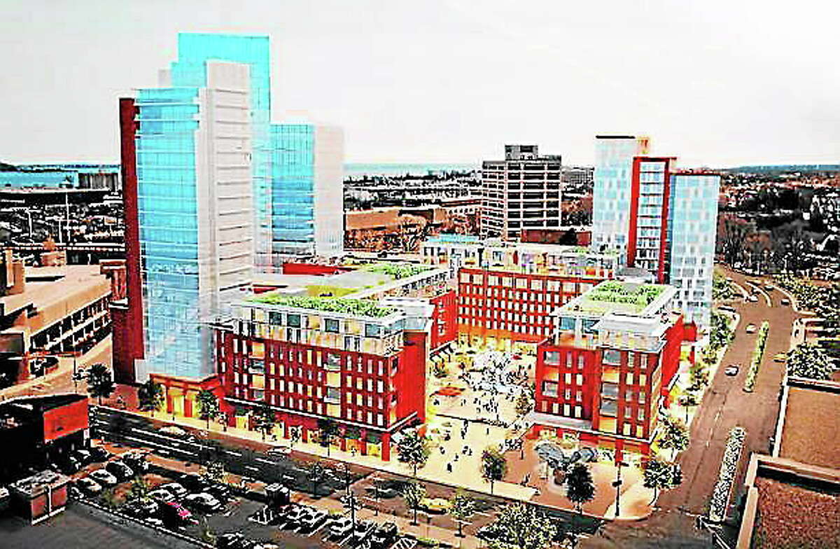 An artist rendering of the $400 million development on the former Veterans Memorial Coliseum site, adjacent to the Ninth Square.