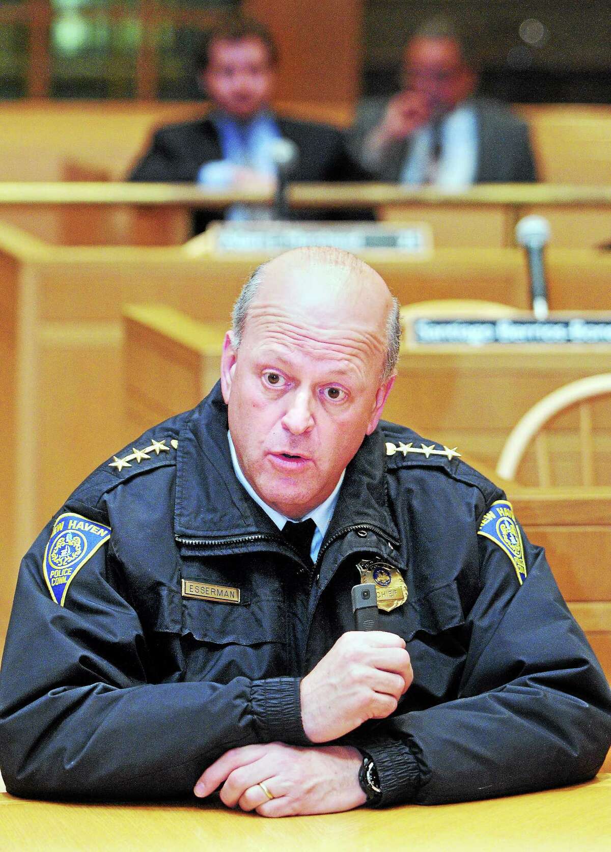 New Haven Police Chief Dean Esserman appears before the Aldermanic Affairs Committee at City Hall in New Haven Monday. Esserman explained his goals for the department in the coming years should he be reappointed chief, as the panel weighed whether to recommend extending his contract. See story, XX