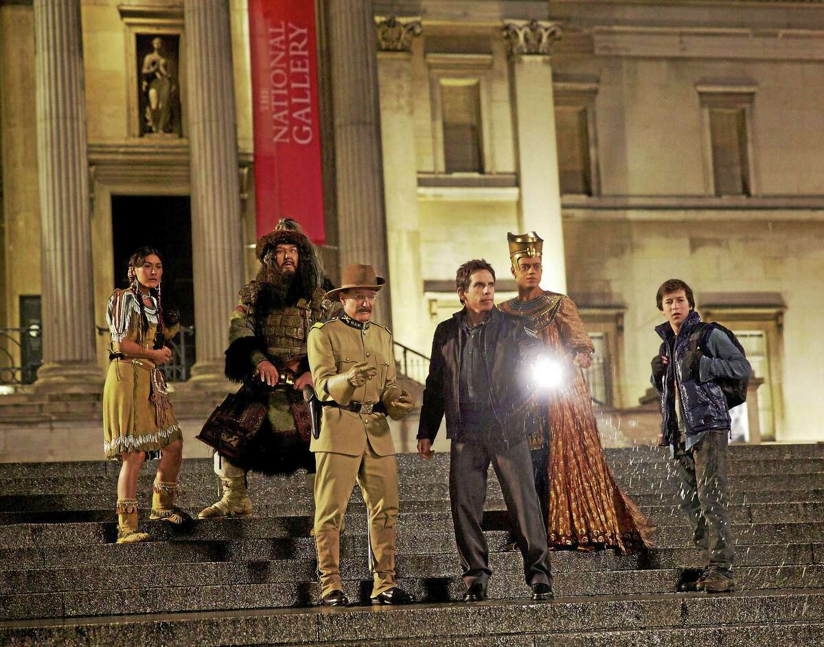 Mizuo Peck, left, Patrick Gallagher, the late Robin Williams, Ben Stiller, Rami Malek and Skyler Gisondo in “Night at the Museum: Secret of the Tomb.”