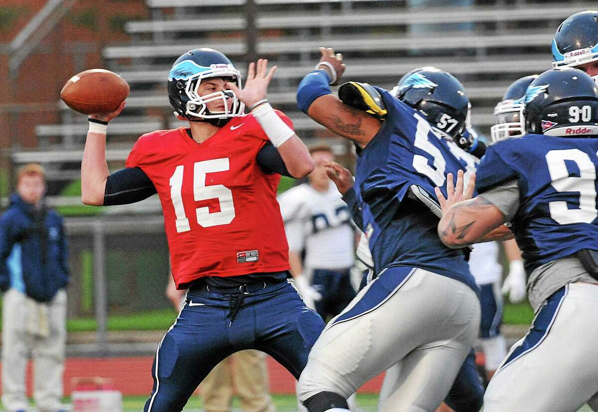 Southern Connecticut State quarterback Brandon Basil throws long during the Owls’ spring game in April.