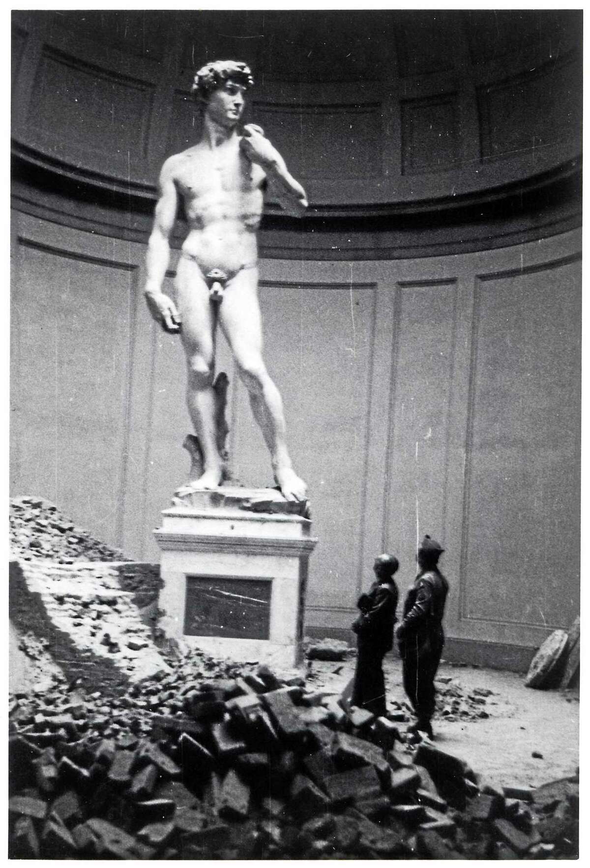 Deane Keller (right) with his driver, Charlie Bernholz, admiring the statue of David in Florence in 1945. (Courtesy of Manuscripts and Archives, Yale University Library)