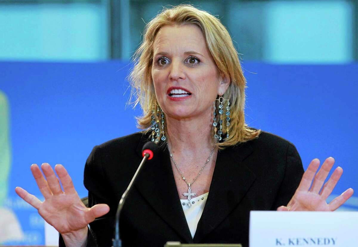 FILE - In this Feb. 19, 2014 file photo, Human rights activist and writer Kerry Kennedy from the U.S. addresses the media at the European Parliament building in Brussels. Jurors will hear Monday, Feb. 24, 2014, about Kennedy's morning routine and daily medications as they consider whether she's guilty of drugged driving. The case against Kennedy, daughter of the late Sen. Robert Kennedy and ex-wife of New York Gov. Andrew Cuomo, goes to trial Monday morning in suburban White Plains. In 2012, Kennedy was arrested after her car hit a tractor-trailer on an interstate highway near her home in the New York City suburbs. (AP Photo/Yves Logghe, File)