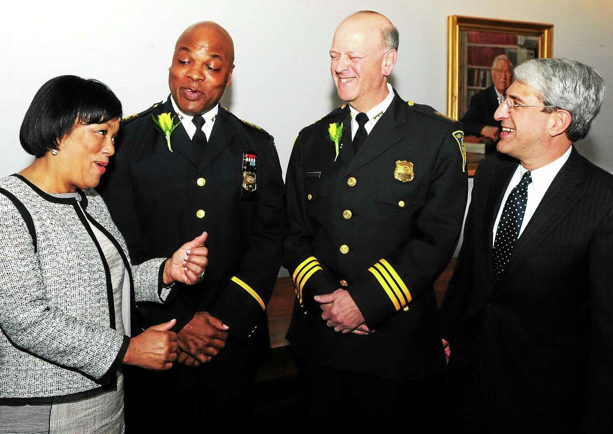 New Haven Mayor Toni Harp, Yale Police Chief Ronnell Higgins, New Haven Police Chief Dean Esserman and Yale University President Peter Salovey at The Seton Elm and Ivy Awards Wednesday April 9, 2014 at Yale University. The two police chiefs were honored at the yearly event.