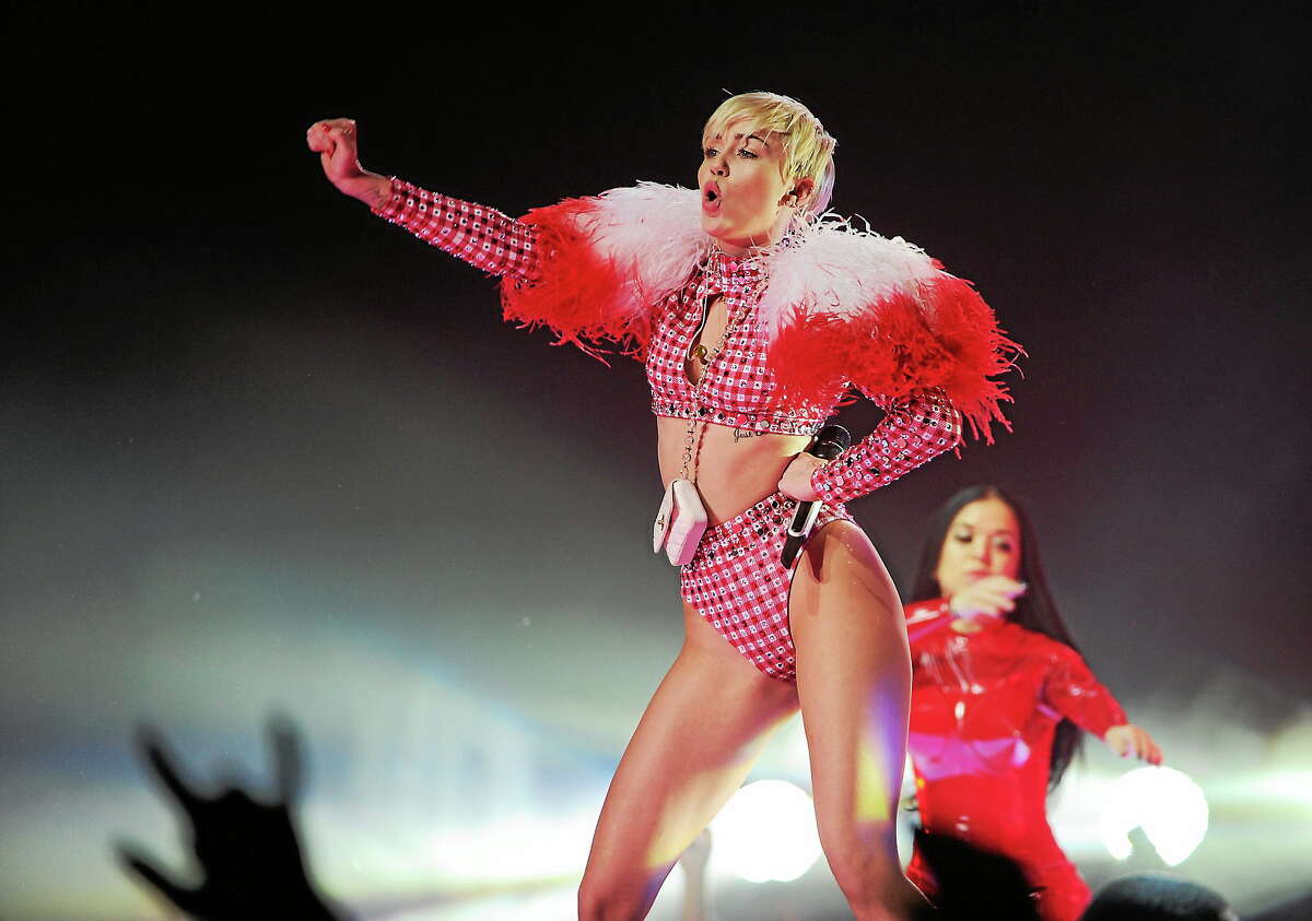 Singer Miley Cyrus performs at the Barclays Center in New York.