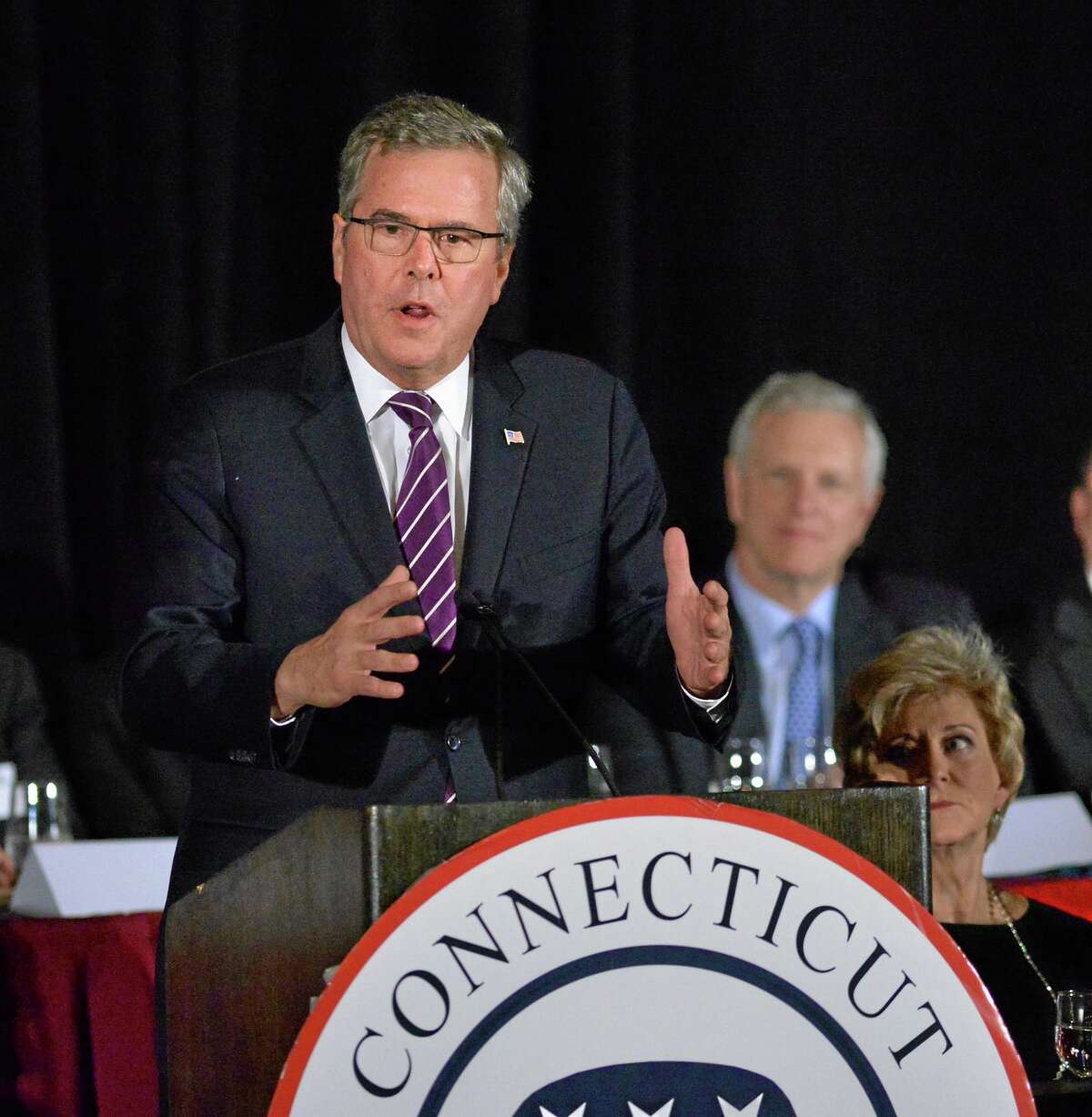 Former Governor of Florida, Jeb Bush, speaks during the 36th annual Prescott Bush Awards Dinner at the Stamford Hilton, Stamford, Conn., Thursday night, April 10, 2014. The Connecticut Republican Party bestowed two-time U.S. Senate candidate Linda McMahon with its highest honor. The former wrestling executive was chosen as this year's recipient of the Prescott Bush Award, named in honor of the late Prescott Bush Sr. of Greenwich, Conn., a former U.S. Senator and father of former President George H. W. Bush. Former Florida Gov. Jeb Bush, is the grandson of Prescott Bush, was the keynote speaker at the event.
