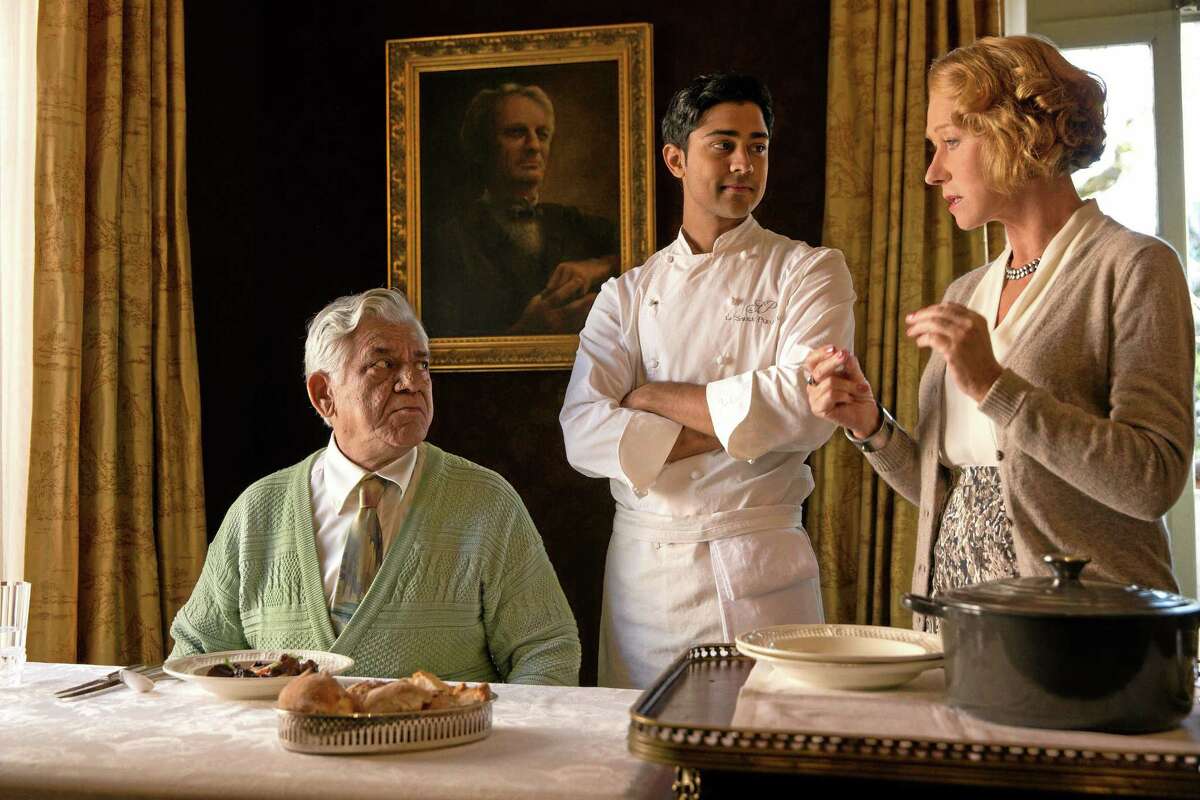 “The Hundred-Foot Journey” recipe calls for Om Puri as Papa, left, Manish Dayal as Hassan and Helen Mirren as Madame Mallory.