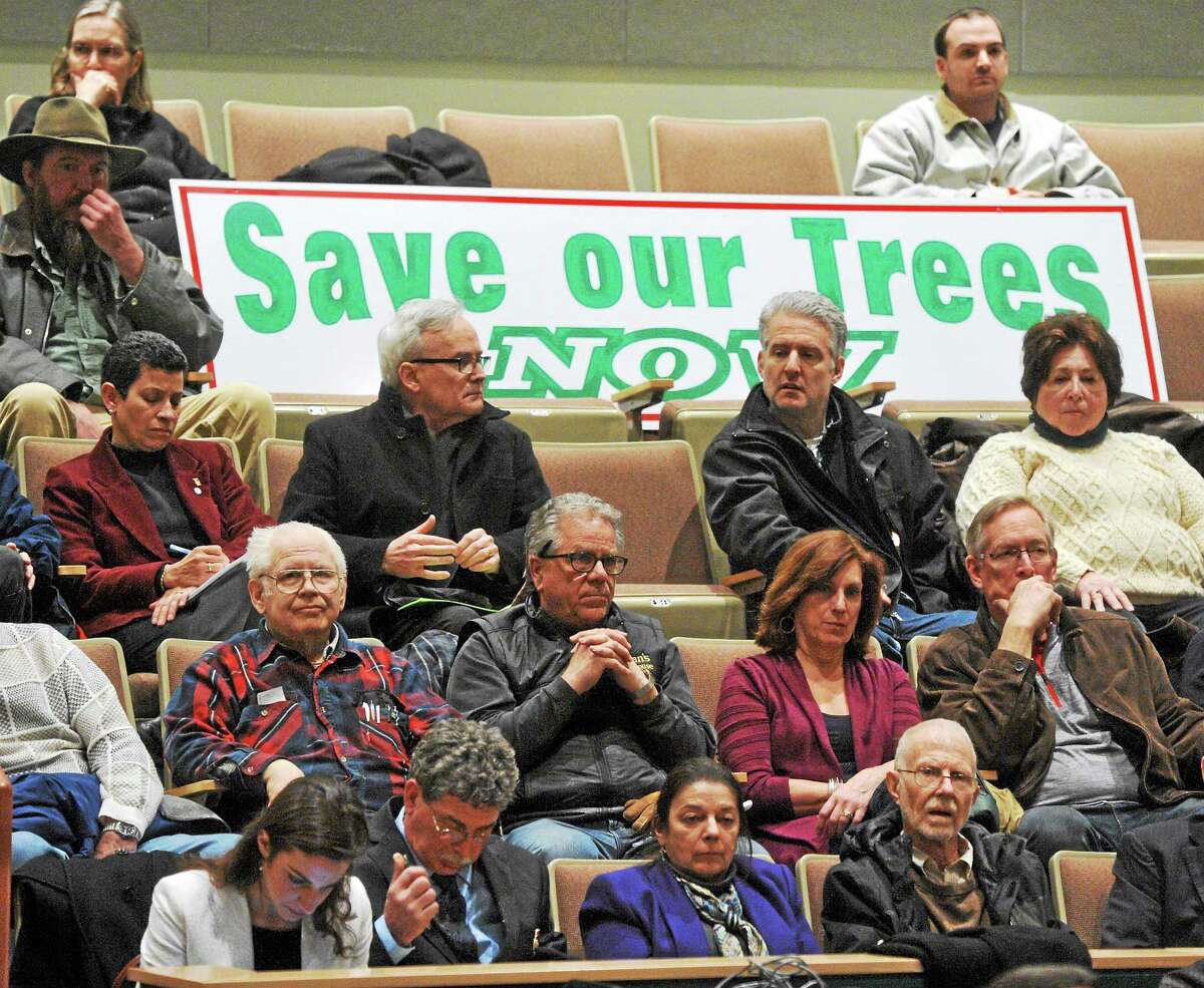 Residents and officials from Greater New Haven attend a public information meeting about tree trimming held by the Connecticut Public Utilities Regulatory Authority at Hamden Middle School March 6.