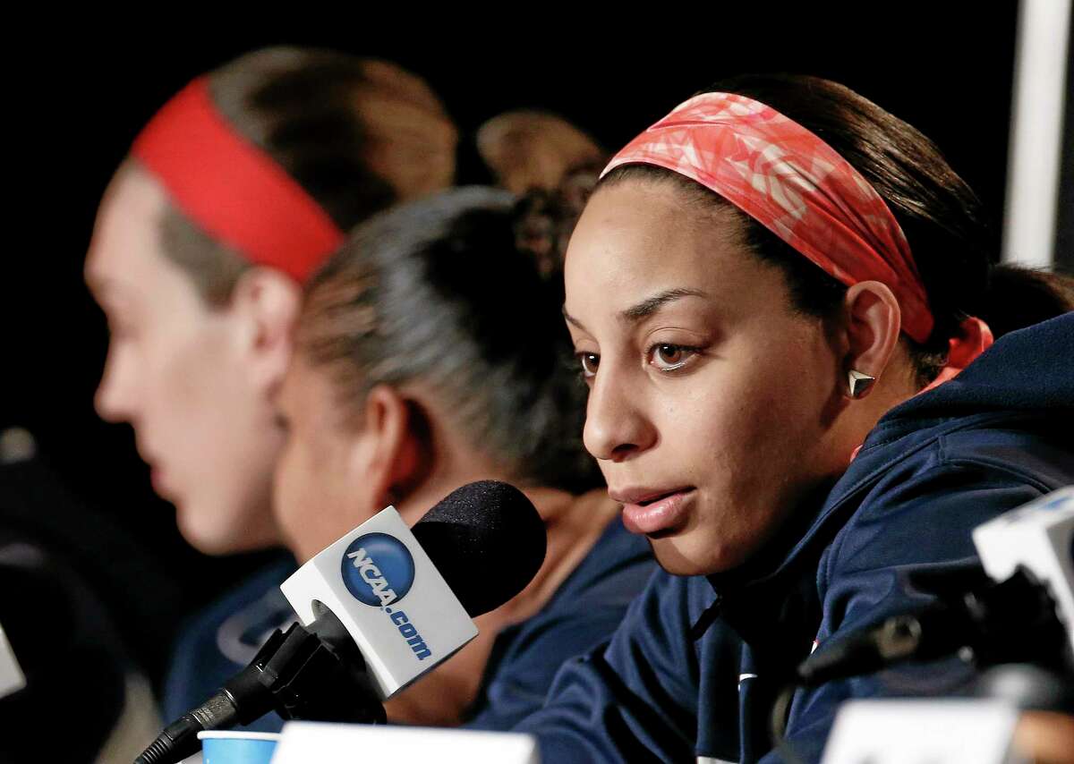 Connecticut guard Bria Hartley answers a question during a news conference Monday.