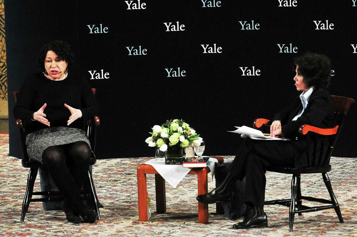 U.S. Supreme Court Justice Sonia Sotomayor, left, talks with Yale Professor Judith Resnik on stage at Yale’s Woolsey Hall.
