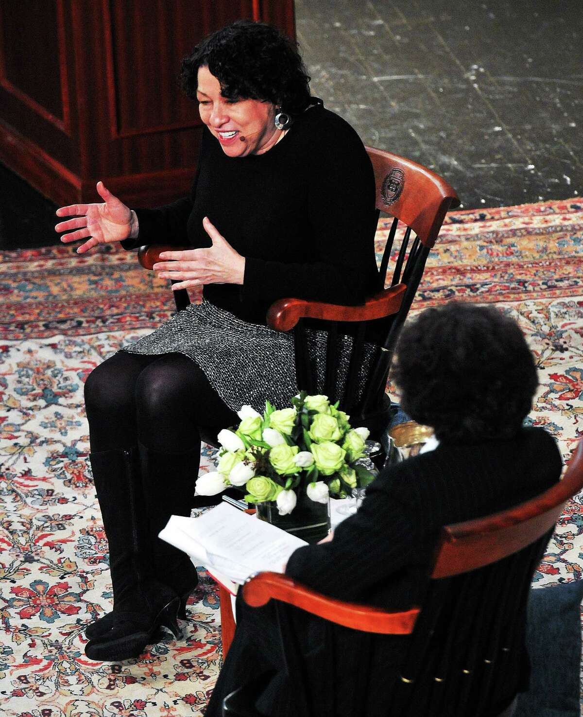 U.S. Supreme Court Justice Sonia Sotomayor, left, talks with Yale Professor Judith Resnik on stage at Yale’s Woolsey Hall.