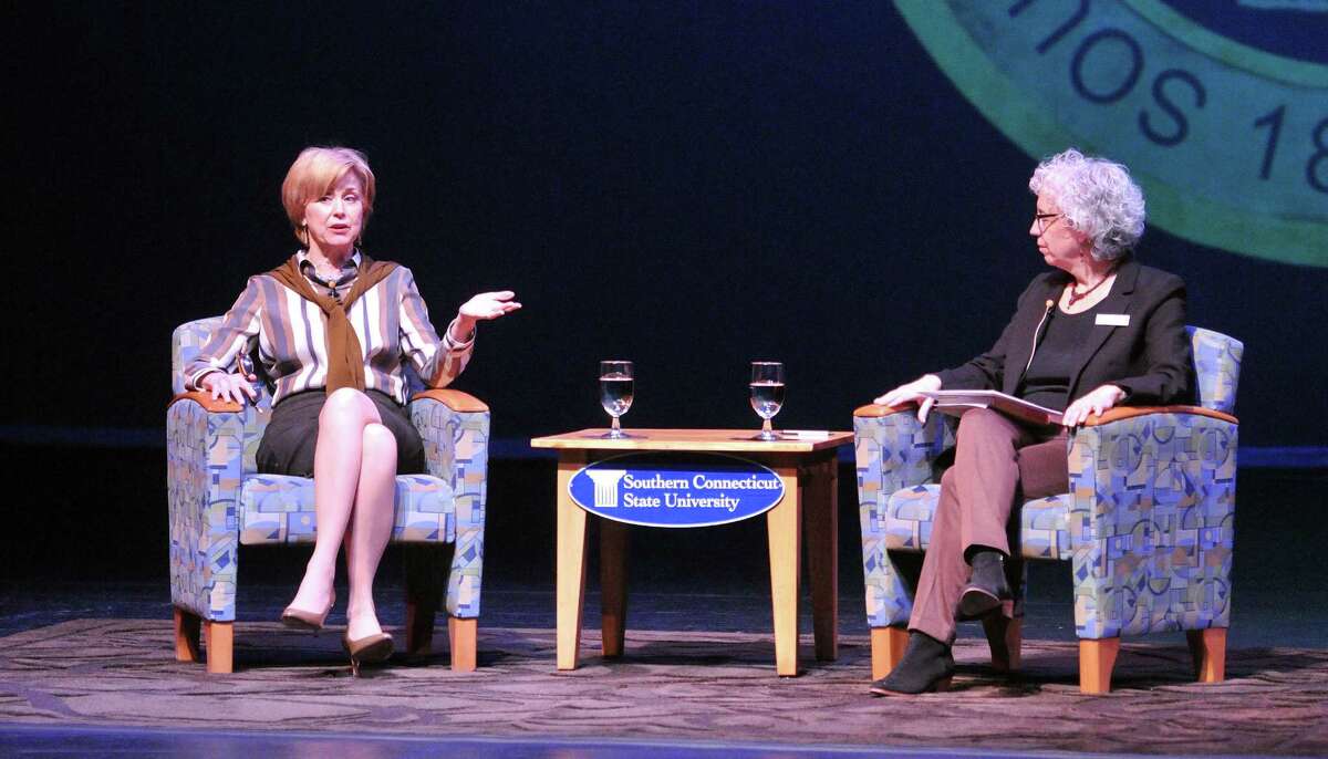 Former “Today” host Jane Pauley, left, talks with WSHU Public Radio news director Naomi Starobin on stage at Southern Connecticut State University’s Lyman Center for the Performing Arts in New Haven Thursday.