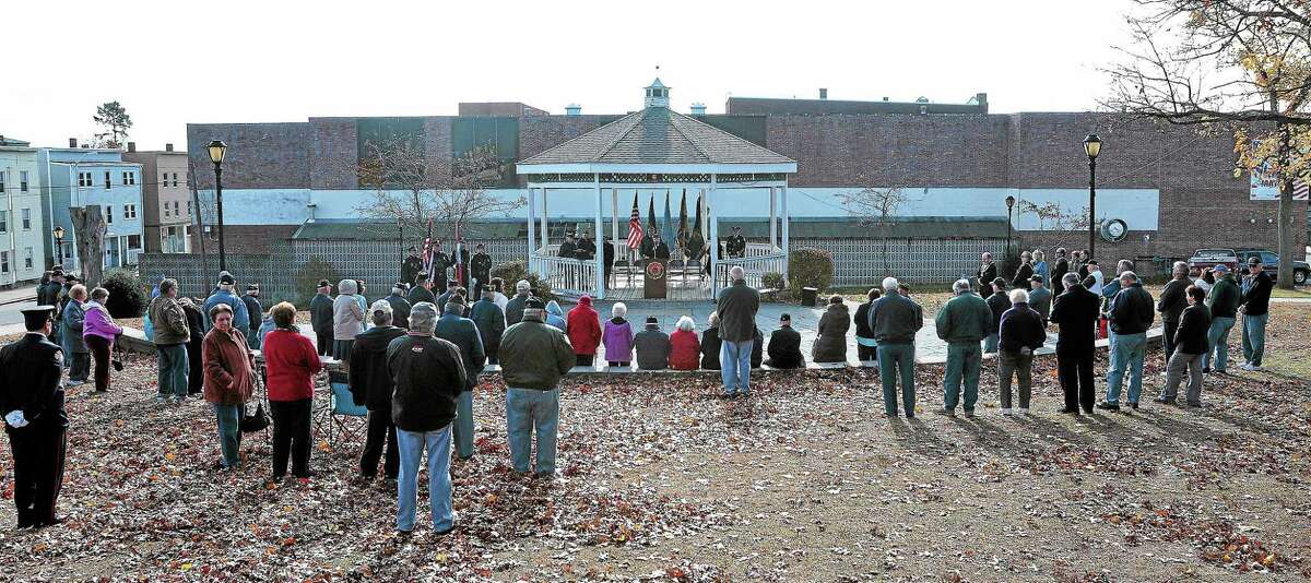 (Peter Casolino — New Haven Register) Veterans honor those who sacrifice during the annual Veteran's Day observance ceremony on the Derby Green. pcasolino@NewHavenRegister