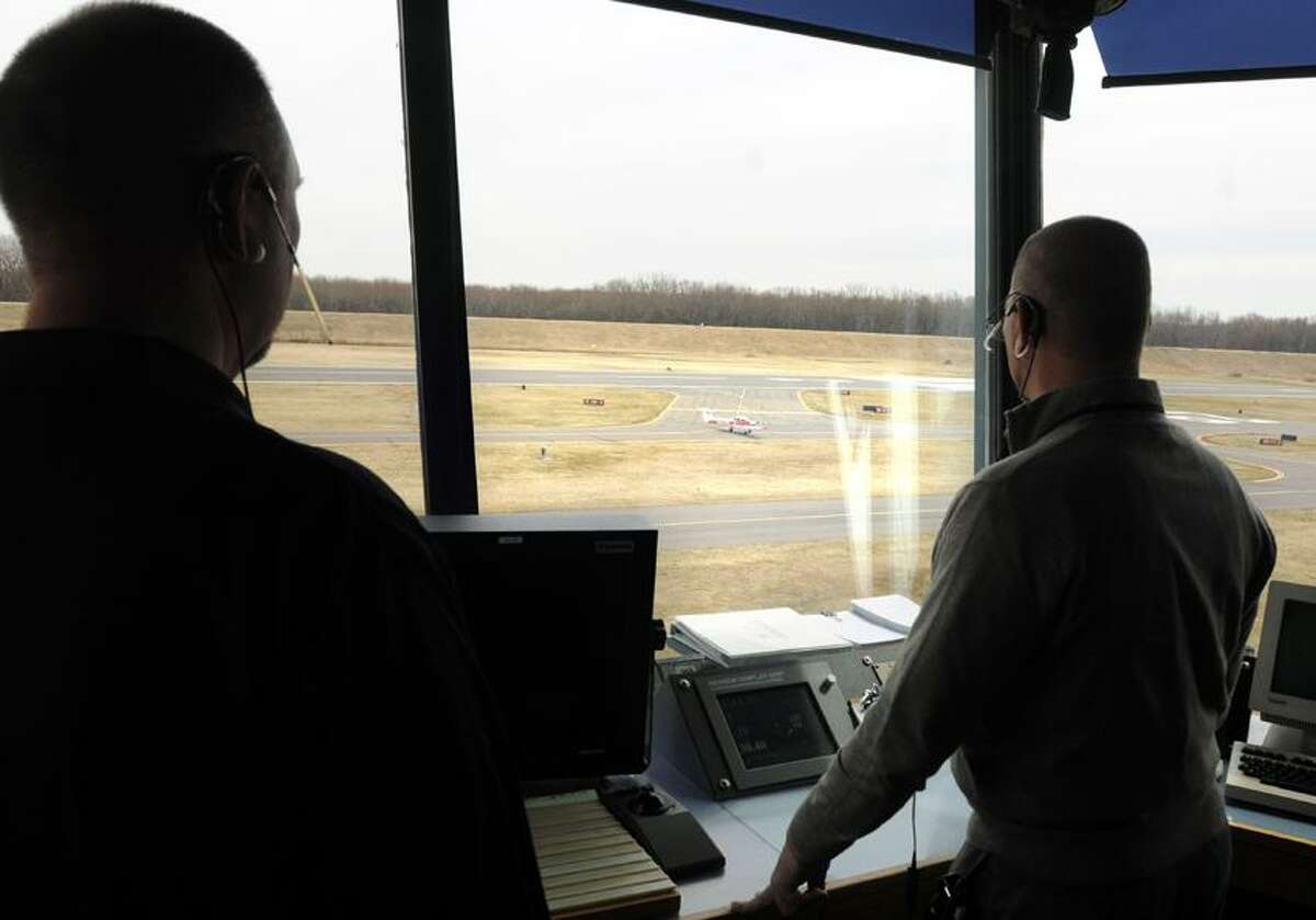 Brainard Airport hangar: US Sen. Richard Blumenthal announced a bi-partisan legislative initiative to save small airports like Tweed-New Haven and Brainard Airport in Hartford from being closed by sequestration. Brainard Airport traffic controllers at work. Mara Lavitt/New Haven Register3/18/13