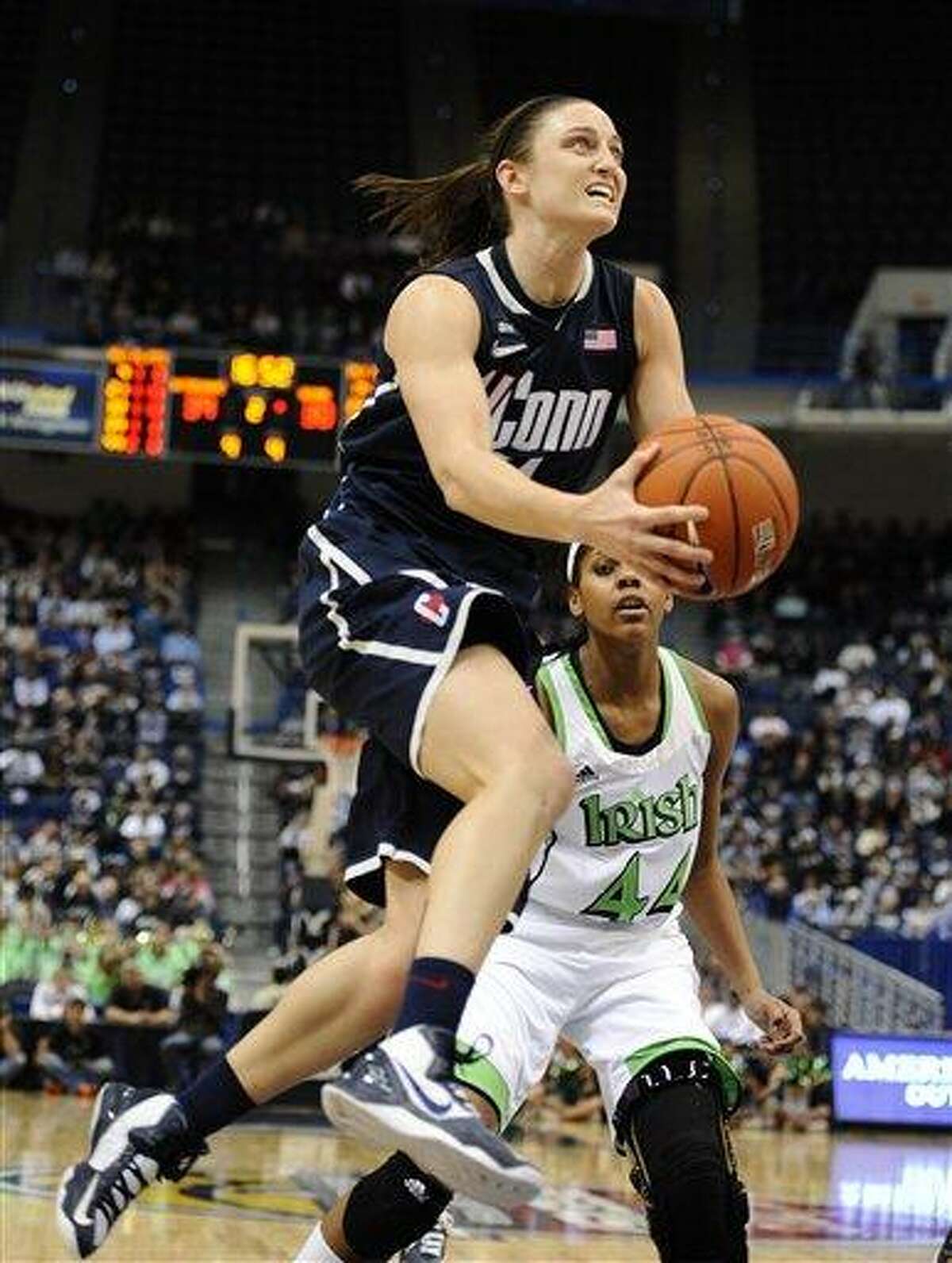 Connecticut's Kelly Faris in the second half of an NCAA college basketball game in the final of the Big East Conference women's tournament in Hartford, Conn., Tuesday, March 12, 2013. (AP Photo/Jessica Hill)