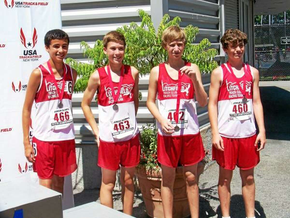 Mateo Tiul (Litchfield), Peyton Mello (Litchfield), Sean Labbbe (Riverton) and Chris Hoyt (Salisbury) finished second in the 13-14-year-old 4x800 meters at last weekend's Junior Olympic Regionals in New York Submitted Photo