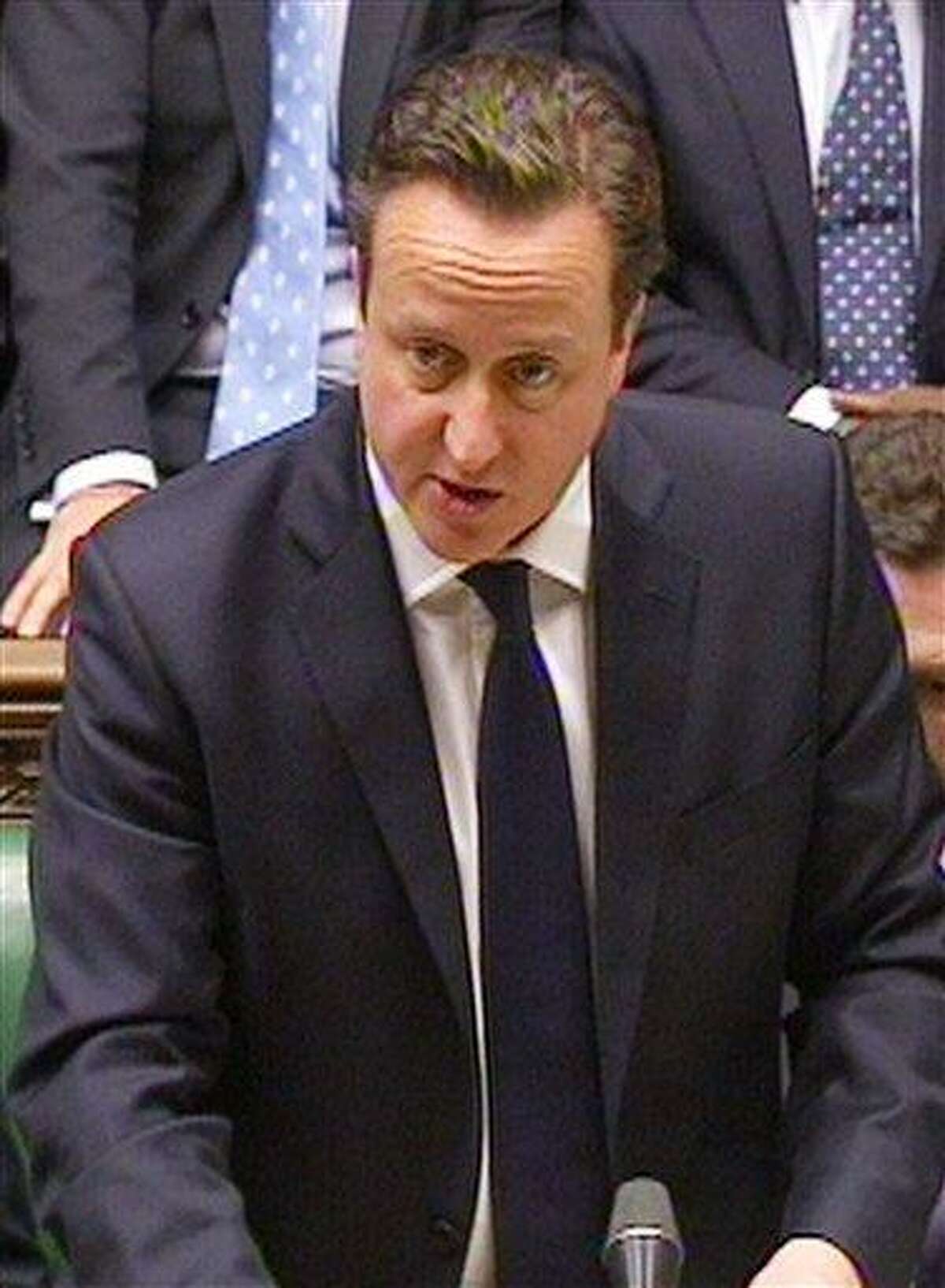 Britain's Prime Minister David Cameron speaking to the House of Commons in London in this image taken from TV Friday , where the prime minister spoke about the kidnap situation in Algeria. AP Photo