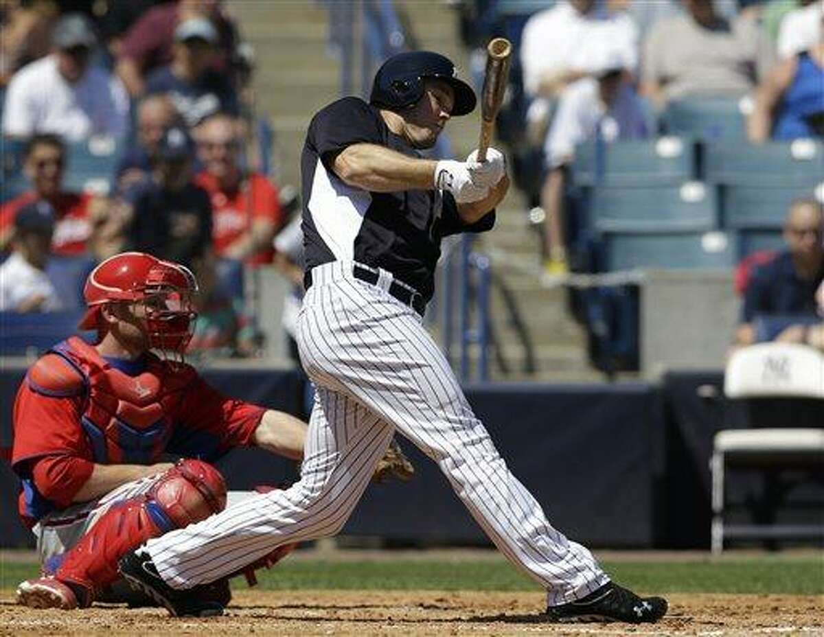 New York Yankees Brennan Boesch bats in a spring training baseball game at Steinbrenner Field in Tampa, Fla., Saturday, March 16, 2013. (AP Photo/Kathy Willens)