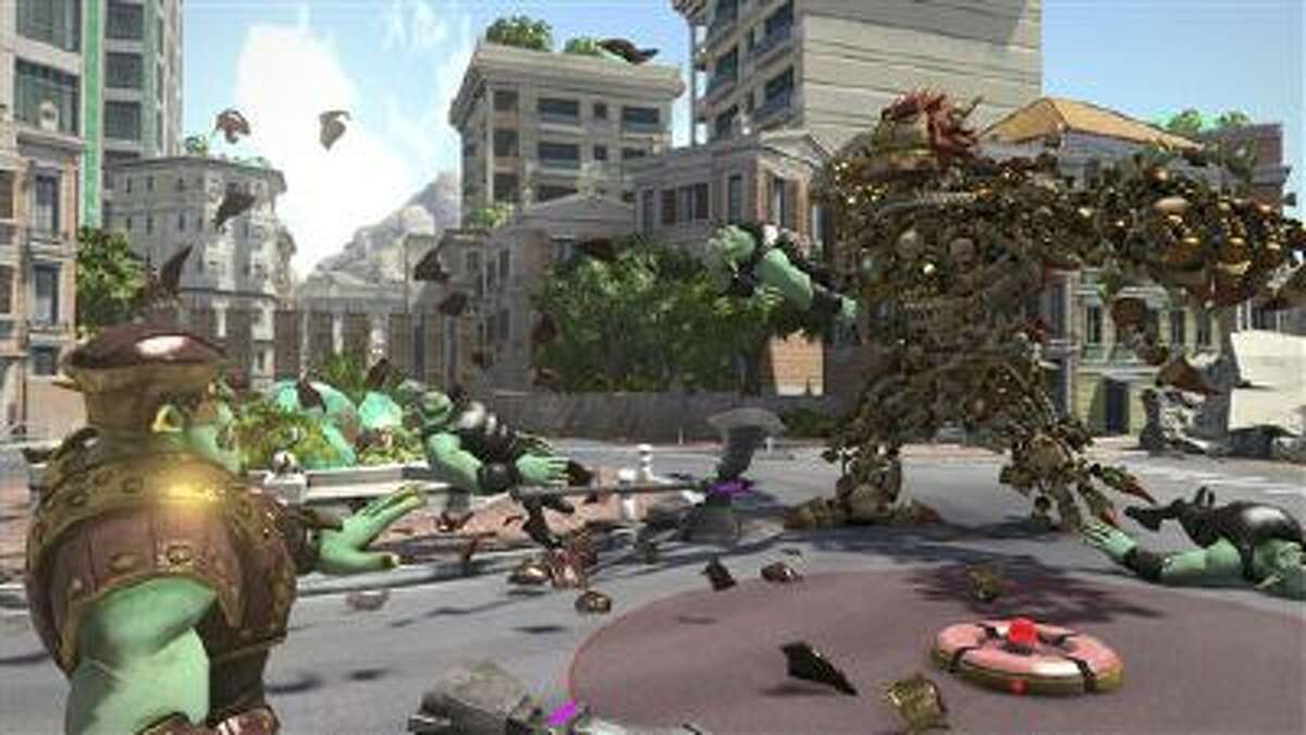 This image released by Sony Computer Entertainment shows a scene from Knack, which was created to be the perfect beast to show off the spectacularly vamped up visual powers of the PlayStation 4 game console. The hero of the game, also called ?Knack,? shown at right, is made up of 5,000 parts that cluster together and hang in the air to shape its ever-metamorphosing form.