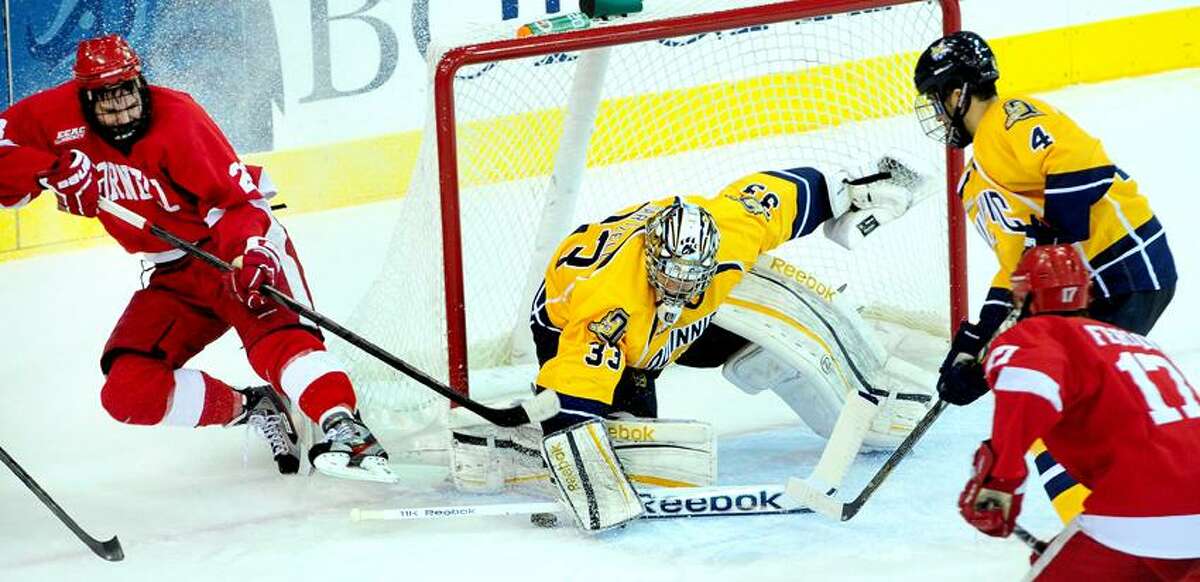 Cornell scores to go up 3-2 in the second period against Quinnipiac in the ECAC quarterfinals on Friday. Arnold Gold/New Haven Register