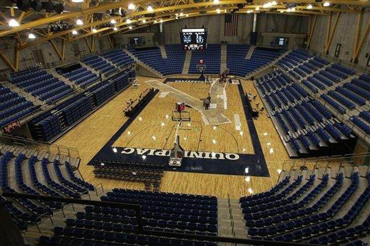 The new 3,570-seat basketball arena at Quinnipiac University's TD Banknorth Sports Center is almost ready for opening day in Hamden, Conn., as seen Thursday, Jan. 25, 2007. The sports center, which also houses a 3,286-seat hockey arena, is to open Saturday. (AP Photo/Bob Child)