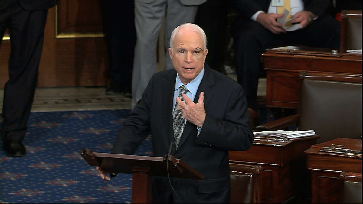 In this image from video provided by Senate Television, Sen. John McCain, R-Ariz. speaks the floor of the Senate on Capitol Hill in Washington, Tuesday, July 25, 2017. McCain returned to Congress for the first time since being diagnosed with brain cancer. (C-SPAN2 via AP)