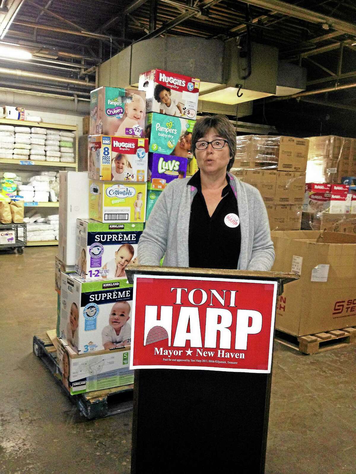 Joanne Goldblum, founder of the New Haven Diaper Bank at its warehouse in North Haven, space donated by the Hurley Group.
