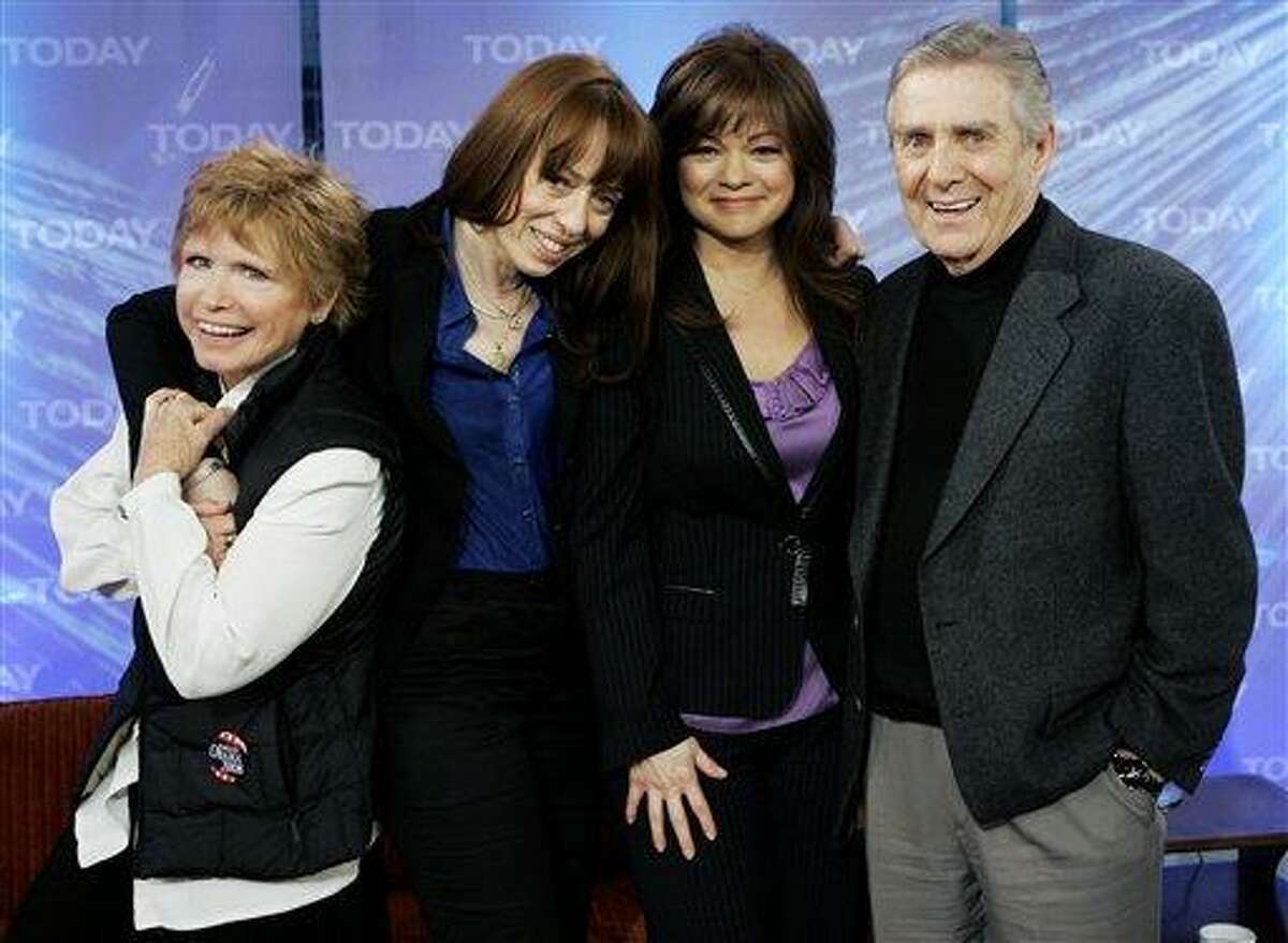 FILE - This Feb. 26, 2008 file photo shows, from left, Bonnie Franklin, MacKenzie Phillips, Valerie Bertinelli and Pat Harrington of the 1970's television sitcom "One Day at a Time, " on the NBC "Today" television program in New York. Franklin, the pert, redheaded actress whom millions came to identify with for her role as divorced mom Ann Romano on the long-running sitcom "One Day at a Time," died Friday, March 1, 2013, at her home due to complications from pancreatic cancer, family members said. She was 69. Her family had announced she was diagnosed with cancer in September. (AP Photo/Richard Drew, file)