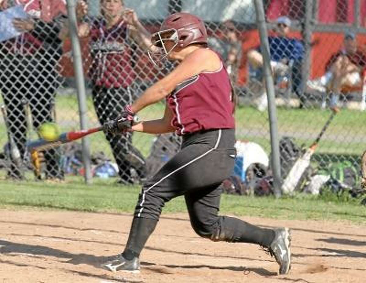 Photo by Marianne Killackey/Special to Register Citizen Baylee Vinisko of the Lady Raiders connects with a double in her team's win over Kennedy Monday afternoon at Torrington High School.