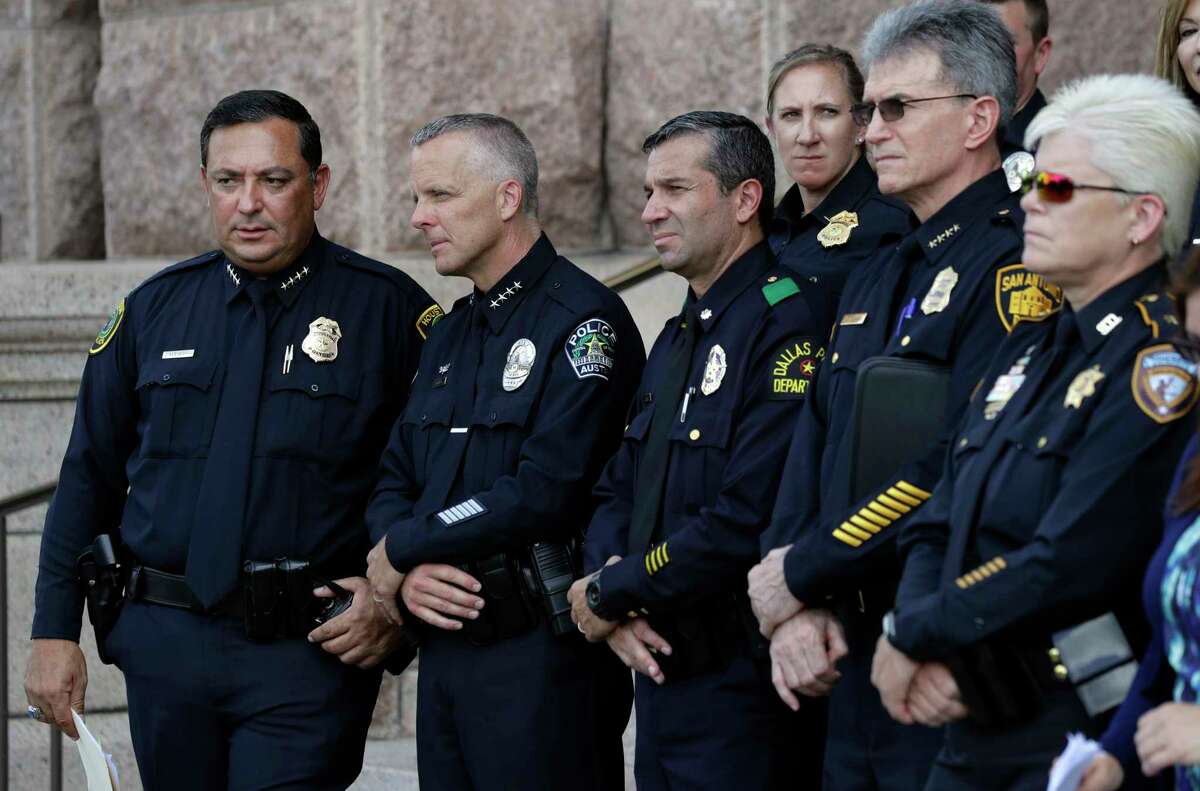 Houston Police Chief Art Acevedo, from left, Austin Police Chief Brian Manley, Dallas Police Maj. Rueben Ramirez and San Antonio Police Chief William McManus took part in a public safety event where they spoke against the proposed bathroom bill Tuesday in Austin.
