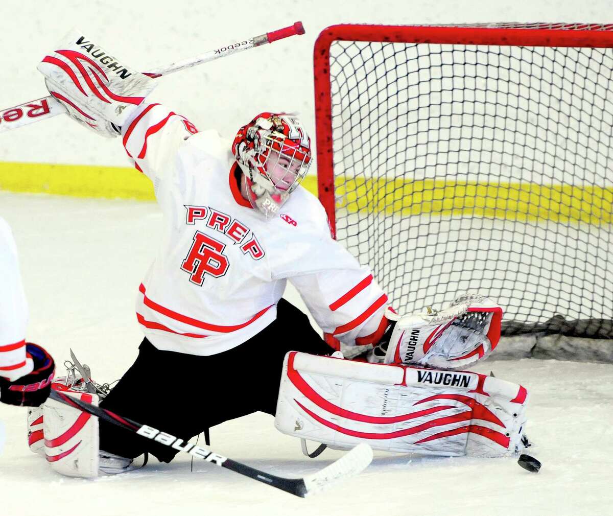Fairfield Prep goalie Matt Beck saves a shot in the first period against Notre Dame of West Haven last Saturday. Prep lost its first game of the season Wednesday against Catholic Memorial (Mass.) Photo by Arnold Gold/New Haven Register