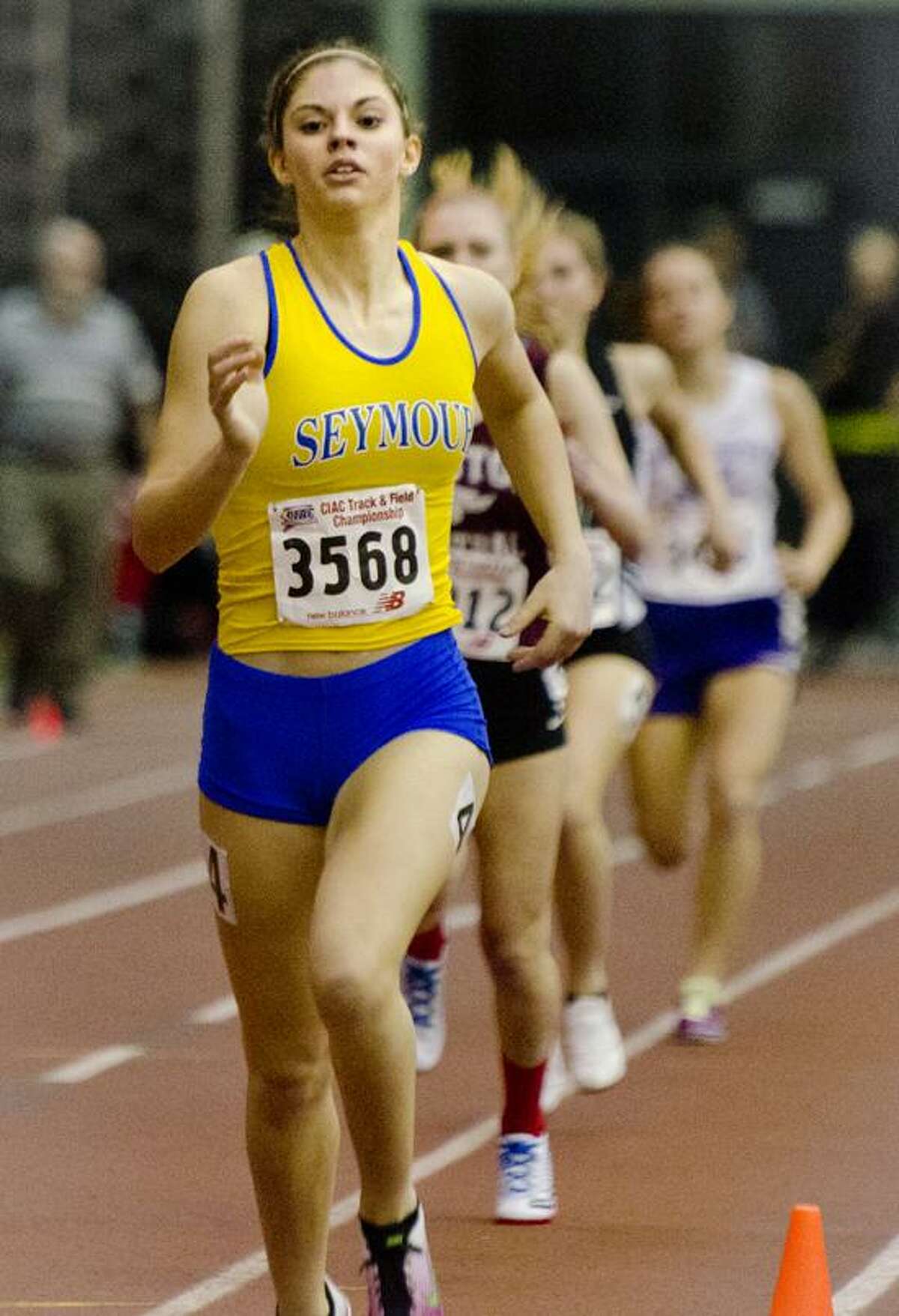 CIACTRACK--Kathryn Petroski, of Seymour, competes in the 600 meters. Melanie Stengel/Register