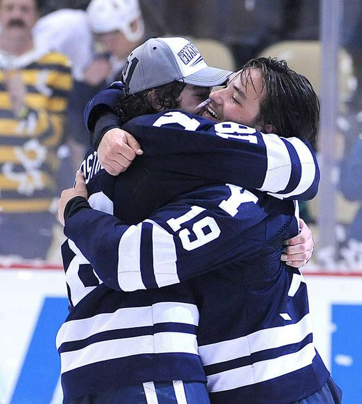 Kenny Agostino, left, hopes to have a reason to celebrate again next year at Yale as he said Tuesday he will return to school for his senior season. Peter Casolino/Register